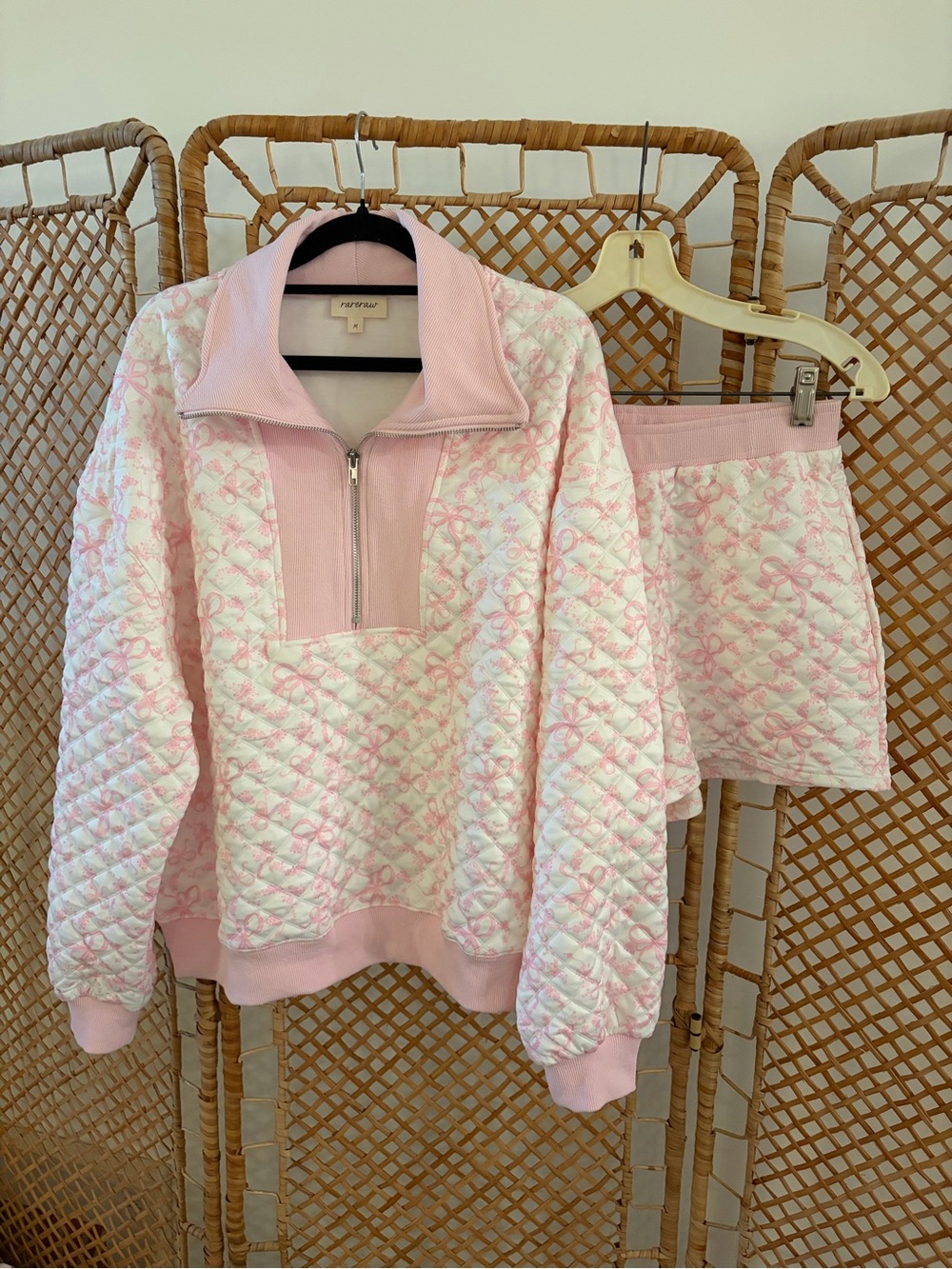 NWOT Rareraw Quilted Sweatshirt & Shorts Set with Pink Bow Print